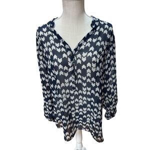 A.N.A. Women's Navy Blue Sheer Chevron Print Blouse V-Neck Button Front Size XL